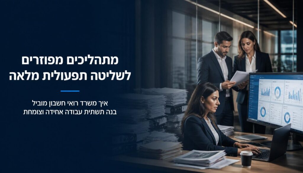 תמונת משרד עסקית המציגה מעבר ממסמכים ותהליכים מפוזרים למערכת דיגיטלית מסודרת לניהול מסמכים וידע, עם דגש על שליטה, סדר וצמיחה.